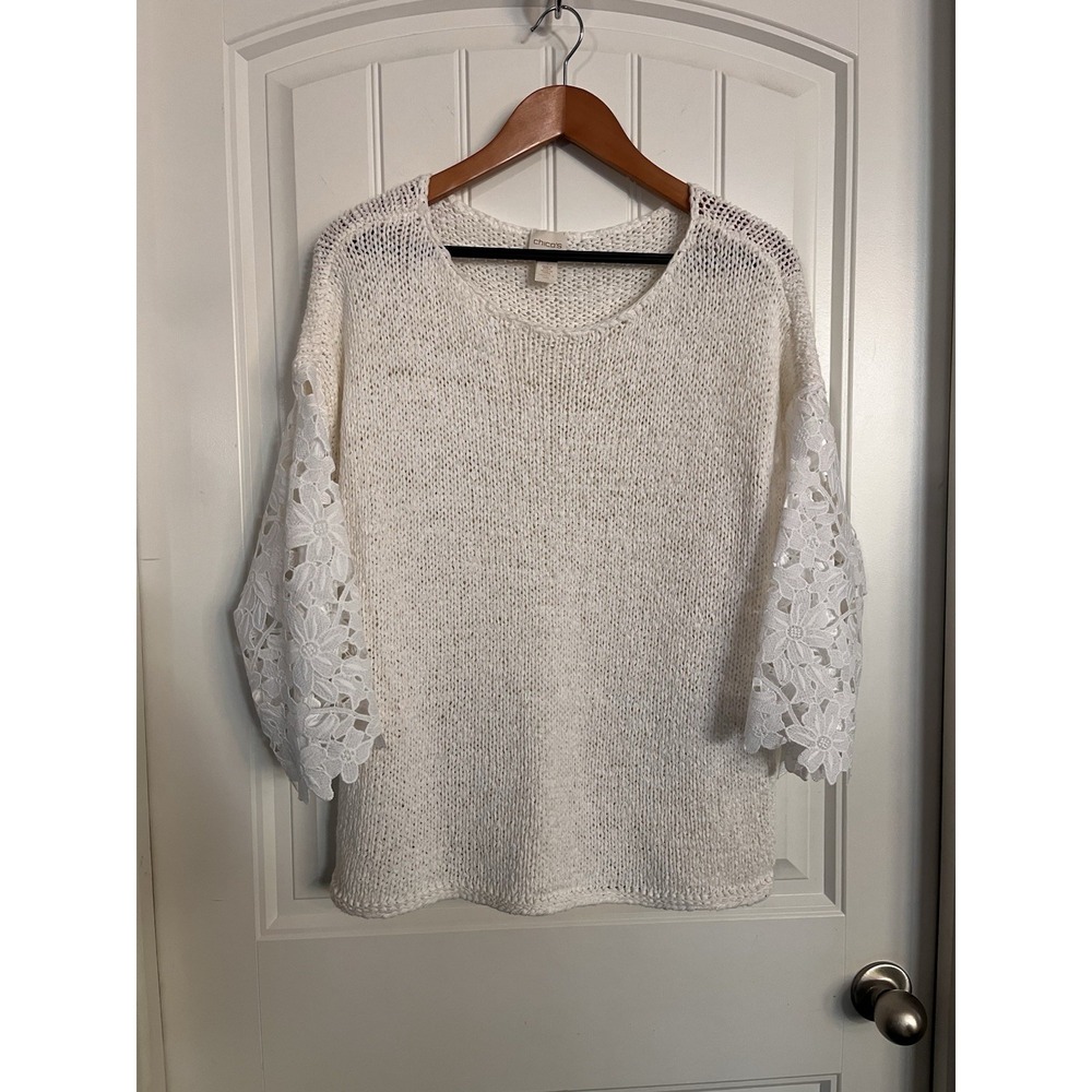 Chico's White Lace Floral 3/4 Sleeve Knit‎ Sweater Top Size 1  Blouse Solid 210